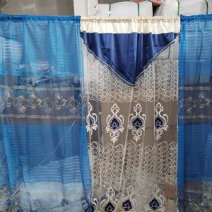 ZEMEN Luxury Jacquard Curtain With Rod Pocket and Tape With Bcaking (Blue & White) - Image 3
