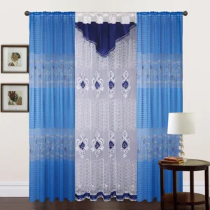 ZEMEN Luxury Jacquard Curtain With Rod Pocket and Tape With Bcaking (Blue & White) - Image 2