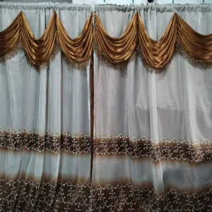 ZEMEN Luxury Jacquard Curtain With Rod Pocket and Tape With Bcaking (Gold & White) - Image 2